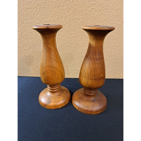 Vintage Hand-Turned Wooden Candlestick Holders - Picture 1 of 7